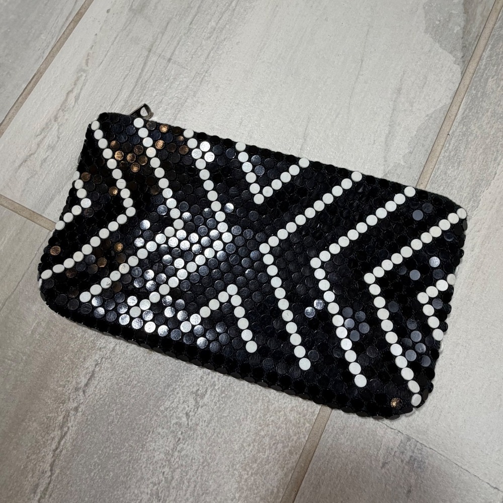La Regale LTD Black White Mesh Geometric Chevron Evening Clutch Bag Handmade